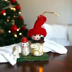 Vintage Wooden Snowmen Sledding Christmas Ornament